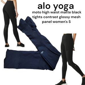 alo yoga Women's moto high waist matte black tights contrast glossy mesh panel S